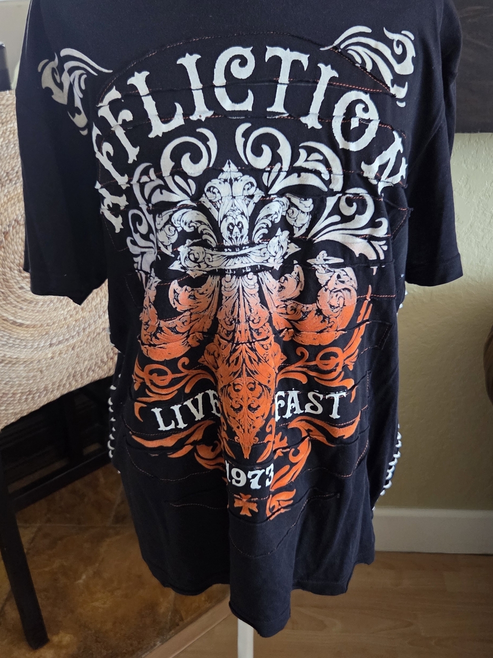 Affliction Black, Orange and White Graphic Crew Neck Tee